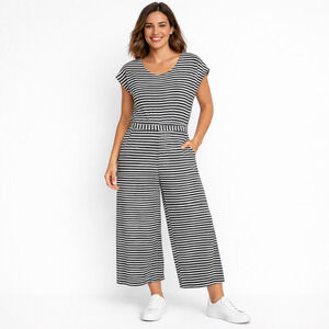Old Navy Womens Striped Belted Jumpsuit Sz Small Cap Sleeve Black Beige NWT